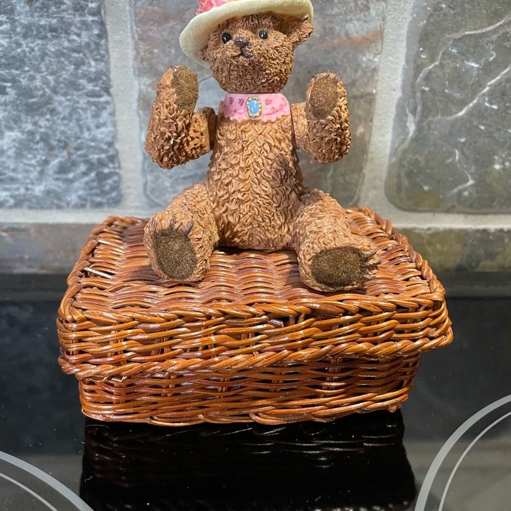 Adorable teddy bear sewing kit in a wicker basket